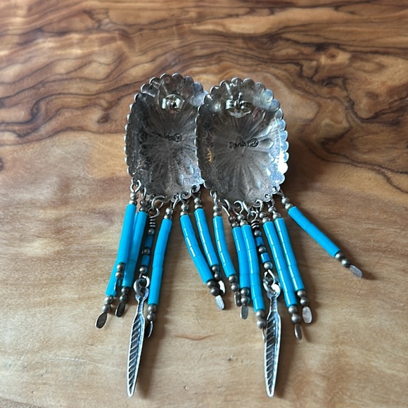 Sterling Turquoise Concho Earrings with Fringe and Feather - Picture 3 of 6